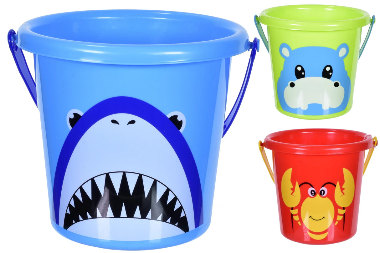 Medium bucket set image showing blue shark bucket, green hippo bucket and red lobster bucket