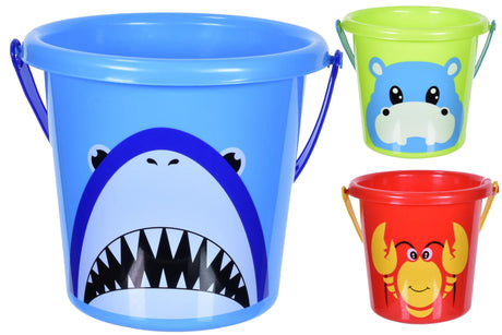 Medium animal design buckets with large blue shark bucket beside smaller green hippo and red lobster buckets