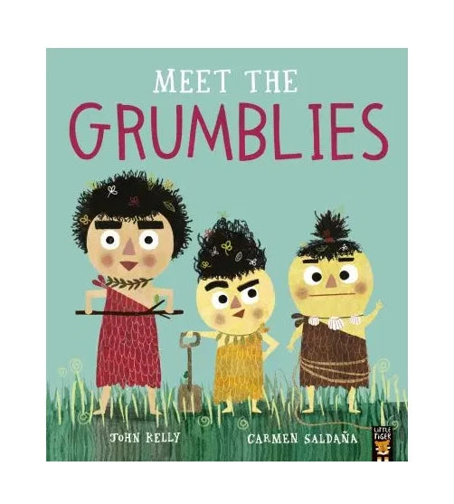 Illustrated book cover for Meet the Grumblies featuring three cartoon Grumblies with different expressions and textured clothing against a pale green background