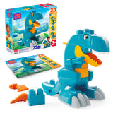 MEGA BLOKS Build & Chomp Dinosaur box, instruction booklet, blue dinosaur build and loose orange and blue blocks.