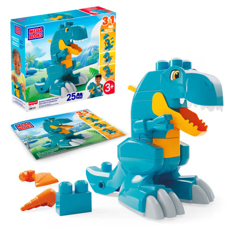 MEGA BLOKS Build & Chomp Dinosaur box, instruction booklet, blue dinosaur build and loose orange and blue blocks.