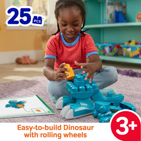 MEGA BLOKS Build & Chomp Dinosaur blue block model on a rug beside a smiling child.