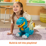 MEGA BLOKS Build & Chomp Dinosaur blue block model on a rug beside a smiling child.