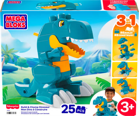 MEGA BLOKS Build & Chomp Dinosaur product box showing the blue dinosaur build and 25 piece label. 