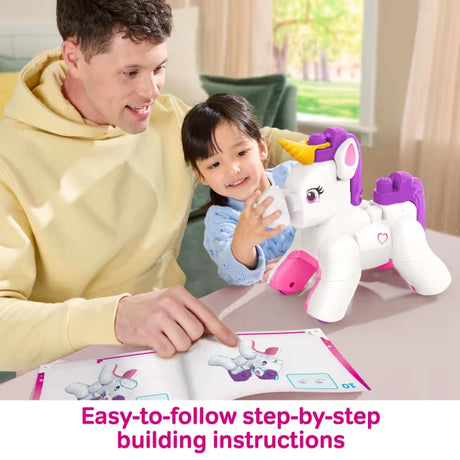 Adult and child building the MEGA BLOKS unicorn using the step by step instructions 
