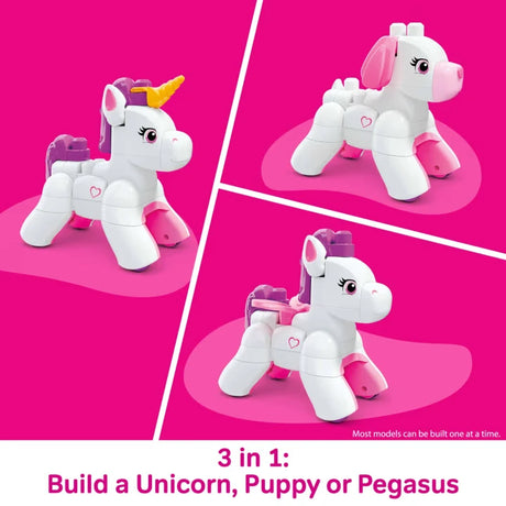 MEGA BLOKS Build & Enchant Unicorn shown as a unicorn, puppy and Pegasus