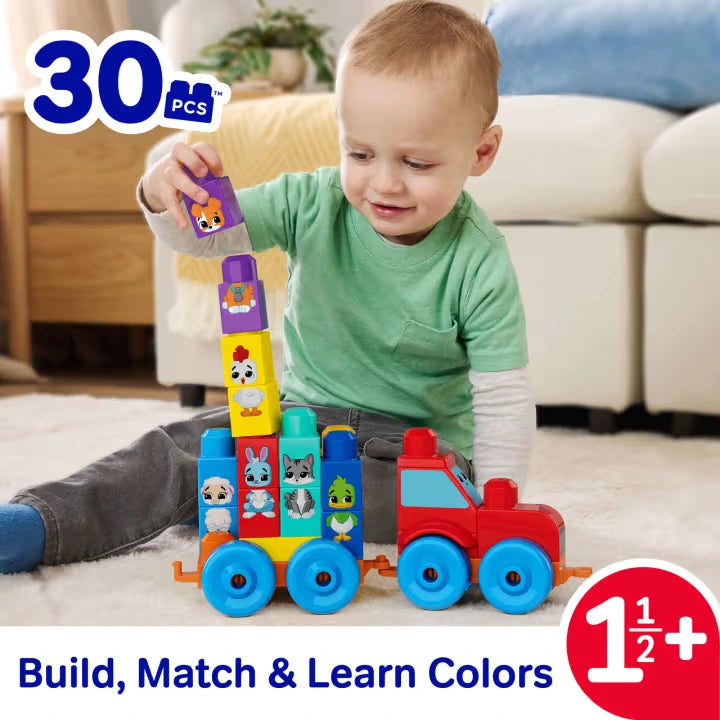 MEGA BLOKS Build & Match Animal Tractor with child stacking animal blocks