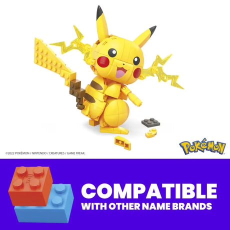 Pikachu brick figure with loose pieces beside text graphic reading COMPATIBLE WITH OTHER NAME BRANDS in Ireland