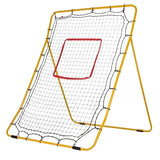 Angled view of a mega rebounder hurling skills net highlighting the metal frame, mesh net attachment points and overall net depth