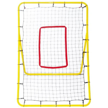 Front view of a mega rebounder hurling skills net with a rectangular frame, taut mesh netting and a clearly marked central target area