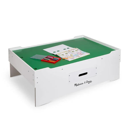 Melissa & Doug Deluxe Wooden Multi-Activity Play Table with green tabletop, puzzle and book