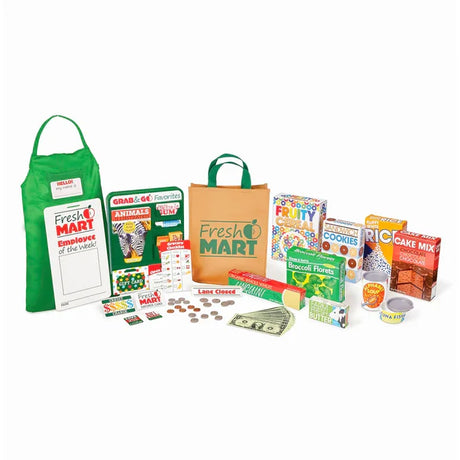 Melissa and Doug Fresh Mart Companion Set layout with bags, boxes and coins – Ireland