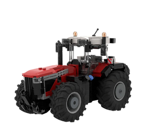 Front left view of the BRIXIES Plus Massey Ferguson 9S showing the front grille, red bonnet, cab and front linkage