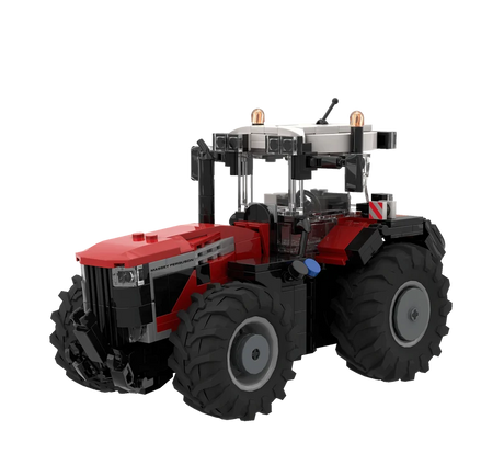 Front left view of the BRIXIES Plus Massey Ferguson 9S showing the front grille, red bonnet, cab and front linkage