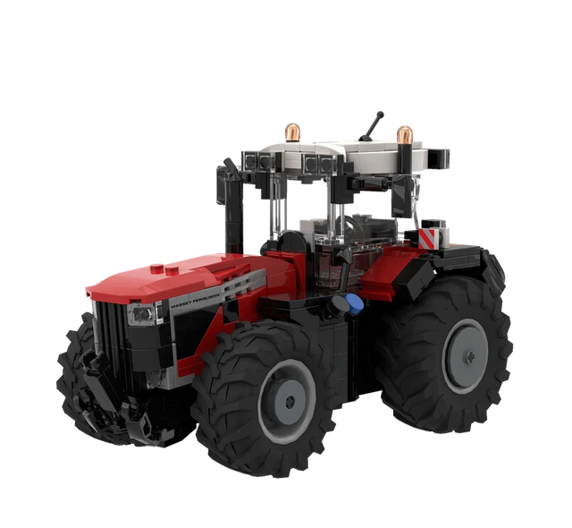 Front left view of the BRIXIES Plus Massey Ferguson 9S showing the front grille, red bonnet, cab and front linkage