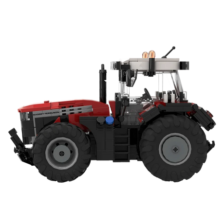 BRIXIES Plus Massey Ferguson 9S tractor model in left side profile showing the red bonnet, enclosed cab, front linkage and large rear tyres
