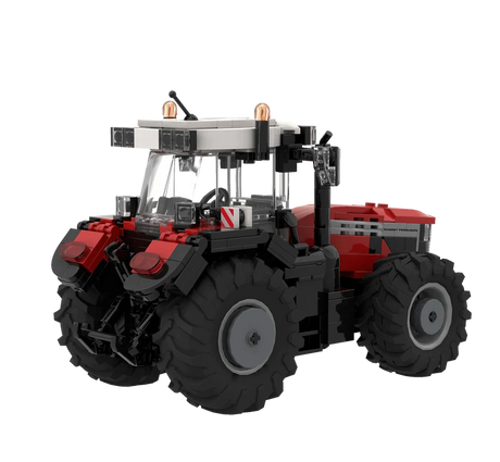 Rear left view of the BRIXIES Plus Massey Ferguson 9S showing the cab, rear linkage, large rear wheel and red rear bodywork