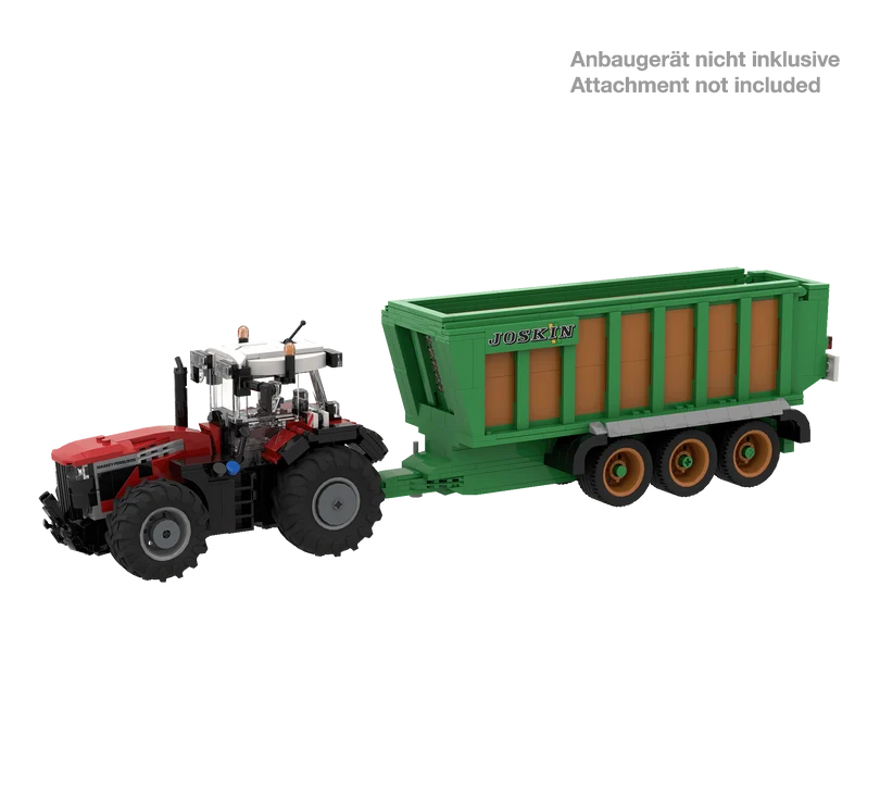 BRIXIES Plus Massey Ferguson 9S connected to a green Joskin trailer to demonstrate attachment compatibility, with the trailer not included