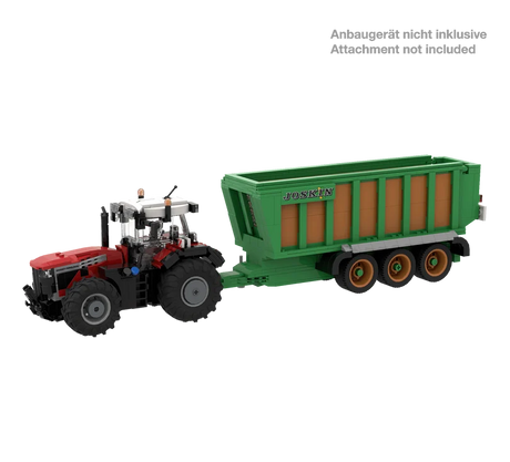 BRIXIES Plus Massey Ferguson 9S connected to a green Joskin trailer to demonstrate attachment compatibility, with the trailer not included