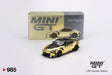 Mini GT Nissan Z VeilSide FFZ400 Gold Chrome diecast car shown from the front with black bonnet, black wheels and illustrated Mini GT collector box behind it