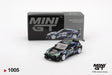 Mini GT Toyota GR86 HKS Type R 2022 Tokyo Auto Salon diecast car with black, green and purple racing graphics, white wheels and large rear wing, displayed in front of its Mini GT collector box