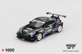 Mini GT Toyota GR86 HKS Type R front three quarter view showing the black bonnet with HKS branding, purple and green graphics, white wheels, front splitter and large rear wing