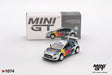 Mini GT Ford Puma Rally1 No.16 M-Sport Ford WRT 2024 Rally Finland diecast car with Red Bull racing graphics, white rally wheels and large rear wing, displayed in front of its Mini GT collector box