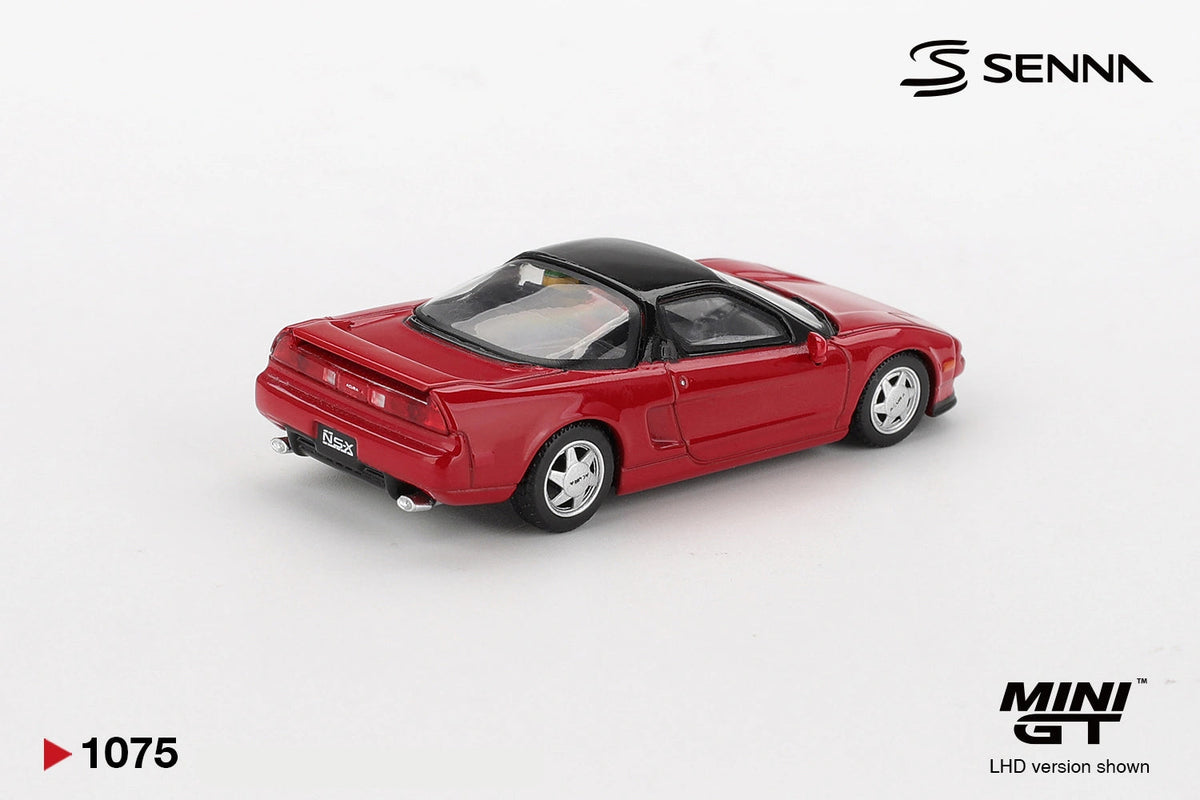 Rear three quarter view of Mini GT Honda NS-X Ayrton Senna showing the red rear spoiler, black roof, NSX rear number plate, silver wheels and twin exhaust outlets