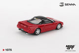 Rear three quarter view of Mini GT Honda NS-X Ayrton Senna showing the red rear spoiler, black roof, NSX rear number plate, silver wheels and twin exhaust outlets