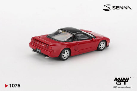 Rear three quarter view of Mini GT Honda NS-X Ayrton Senna showing the red rear spoiler, black roof, NSX rear number plate, silver wheels and twin exhaust outlets