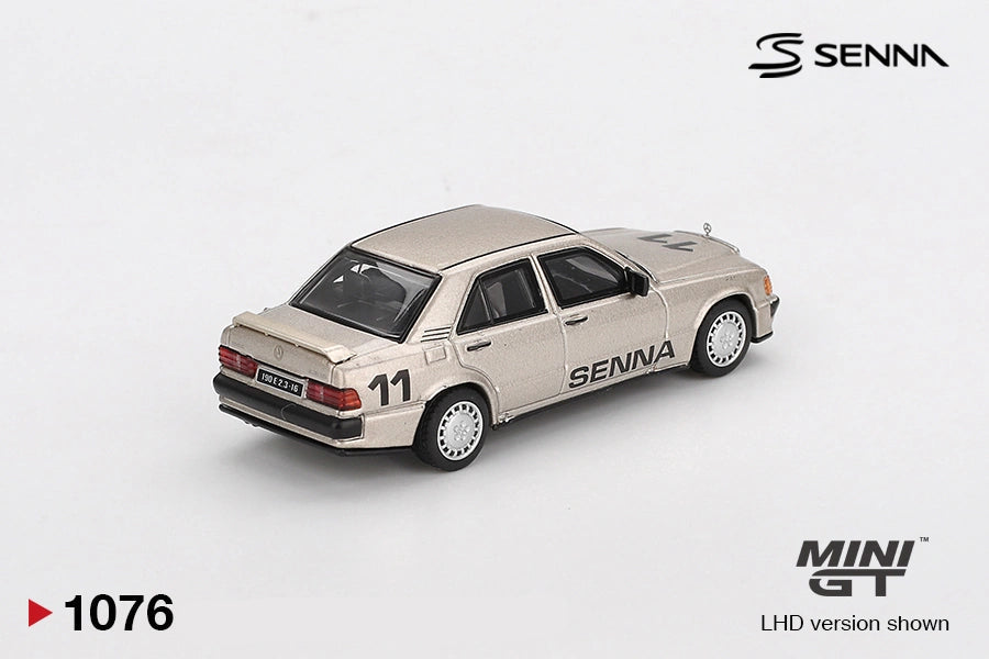 Rear three quarter view of Mini GT Mercedes-Benz 190 E 2.3-16 No.11 Ayrton Senna showing the rear spoiler, rectangular taillights, race number 11, SENNA side graphics and silver wheels