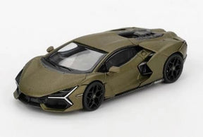 Mini GT Lamborghini Revuelto Verde Gea Matte showing the sculpted bonnet, black front splitter, angular headlights, windscreen and exposed rear engine cover