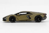 Side profile of Mini GT Lamborghini Revuelto Verde Gea Matte showing the low wedge shaped body, black multi spoke wheels, angular side air intake and rear bodywork