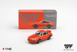 Mini GT Porsche 911 Carrera RS 2.7 Tangerine with Black Livery diecast car displayed in front of its MINI GT collector box, showing black Carrera graphics, black wheels and ducktail rear spoiler. LHD version shown.