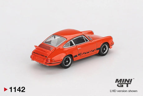 Rear three quarter view of Mini GT Porsche 911 Carrera RS 2.7 showing Tangerine bodywork, black Porsche lettering, rear engine grille, ducktail spoiler and black Carrera side graphics. LHD version shown.