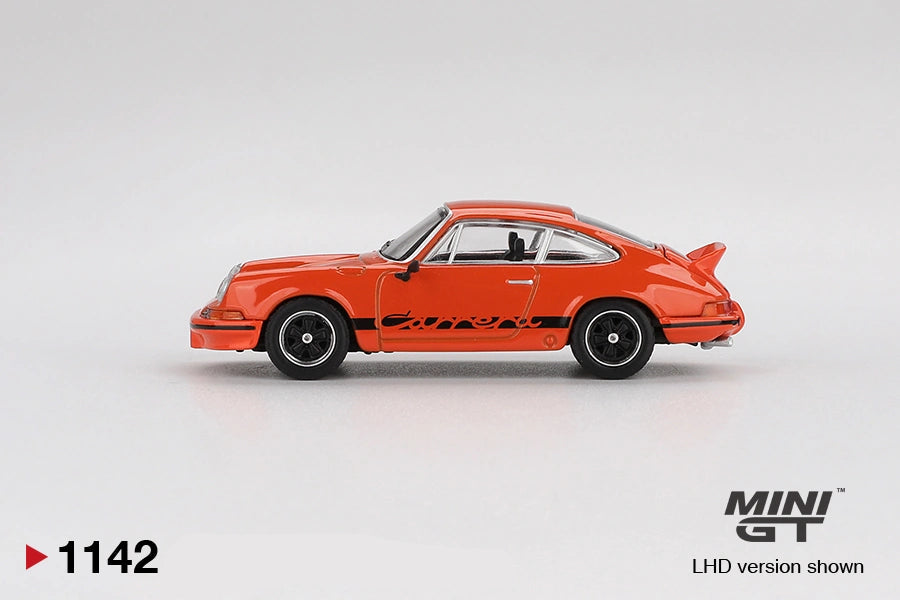 Side profile of Mini GT Porsche 911 Carrera RS 2.7 in Tangerine orange, showing black Carrera lettering, black wheels with silver rims, chrome window trim and ducktail rear spoiler. LHD version shown.