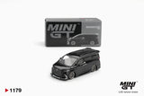Mini GT Toyota Alphard 40 KUHL Black diecast model with lowered bodywork, silver multi spoke wheels and large front grille, displayed in front of its MINI GT collector box. LHD version shown.