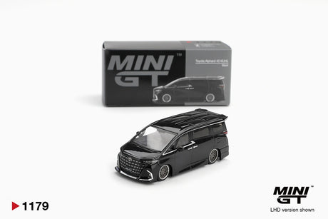 Mini GT Toyota Alphard 40 KUHL Black diecast model with lowered bodywork, silver multi spoke wheels and large front grille, displayed in front of its MINI GT collector box. LHD version shown.