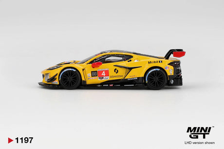 Side profile of Mini GT Chevrolet Corvette Z06 GT3.R No.4 showing yellow racing bodywork, black wheels, red door number 4, Oshkosh and Mobil 1 sponsor graphics