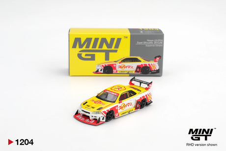 Mini GT Nissan LB-ER34 Super Silhouette Skyline Suppaiman Okinawa diecast car in yellow, white and red racing livery, shown from the front with its illustrated Mini GT collector box