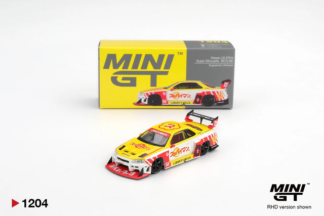 Mini GT Nissan LB-ER34 Super Silhouette Skyline Suppaiman Okinawa diecast car in yellow, white and red racing livery, shown from the front with its illustrated Mini GT collector box