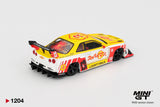 Rear three quarter view of Mini GT Nissan LB-ER34 Skyline Suppaiman Okinawa showing four round rear lights, black rear diffuser, large Liberty Walk rear wing and yellow, white and red bodywork