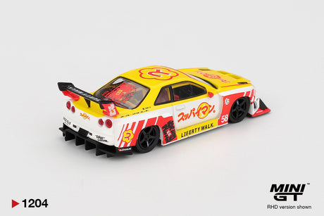 Rear three quarter view of Mini GT Nissan LB-ER34 Skyline Suppaiman Okinawa showing four round rear lights, black rear diffuser, large Liberty Walk rear wing and yellow, white and red bodywork