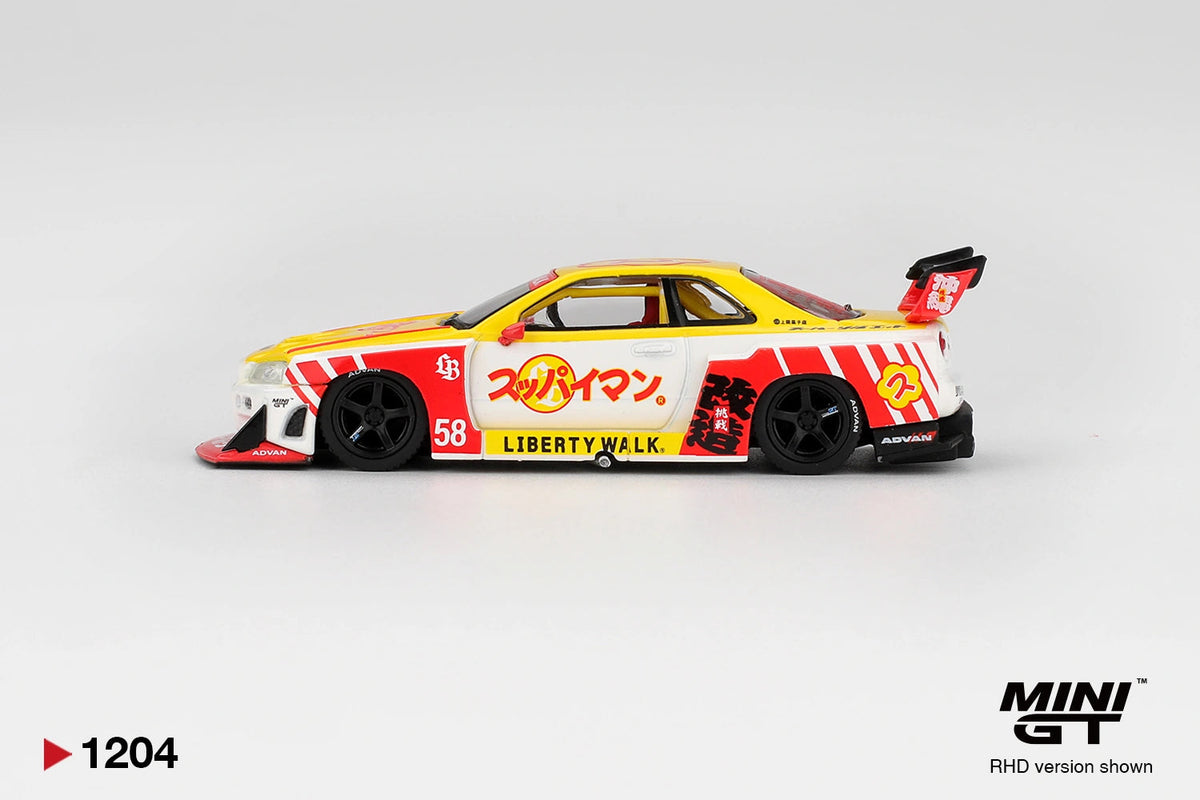 Side profile of Mini GT Nissan LB-ER34 Skyline Suppaiman Okinawa showing number 58 graphics, Japanese lettering, Liberty Walk branding, black racing wheels and extended front splitter
