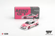 Mini GT Nissan Silvia S15 LB Super Silhouette Amoculture diecast car in pink and white racing livery with pink wheels, displayed in front of its illustrated Mini GT collector box