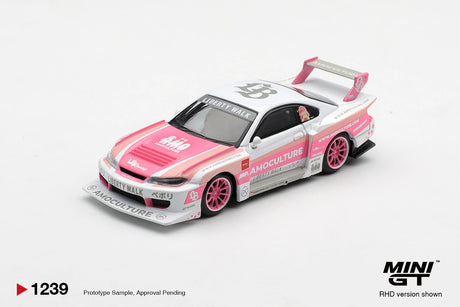 Mini GT Nissan Silvia S15 LB Super Silhouette Amoculture front three quarter view showing the pink bonnet, Liberty Walk windscreen banner, white front splitter, pink wheels and large rear wing