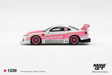 Side profile of Mini GT Nissan Silvia S15 LB Super Silhouette Amoculture showing pink wheels, Amoculture and Liberty Walk graphics, wide bodywork and large rear wing