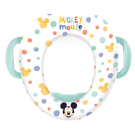 Mickey Mouse toilet trainer seat shown from the front with side handles, cushioned lower support, polka dot design, and Mickey Mouse face on the front edge