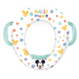 Mickey Mouse toilet trainer seat shown from above with integrated side handles, cushioned seating surface, polka dot pattern, and Mickey Mouse graphic