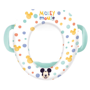 Mickey Mouse toilet trainer seat shown from above with integrated side handles, cushioned seating surface, polka dot pattern, and Mickey Mouse graphic